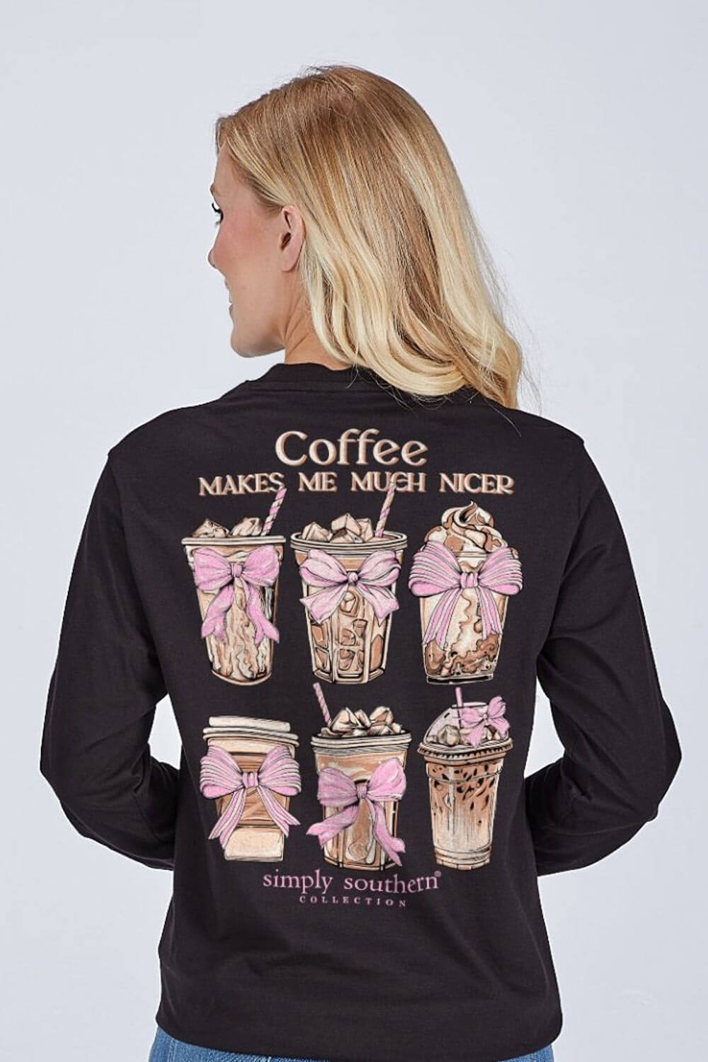 Simply Southern Womens Shirts Coffee Makes Me Much Nicer Long Sleeve T-shirt for Women in Black