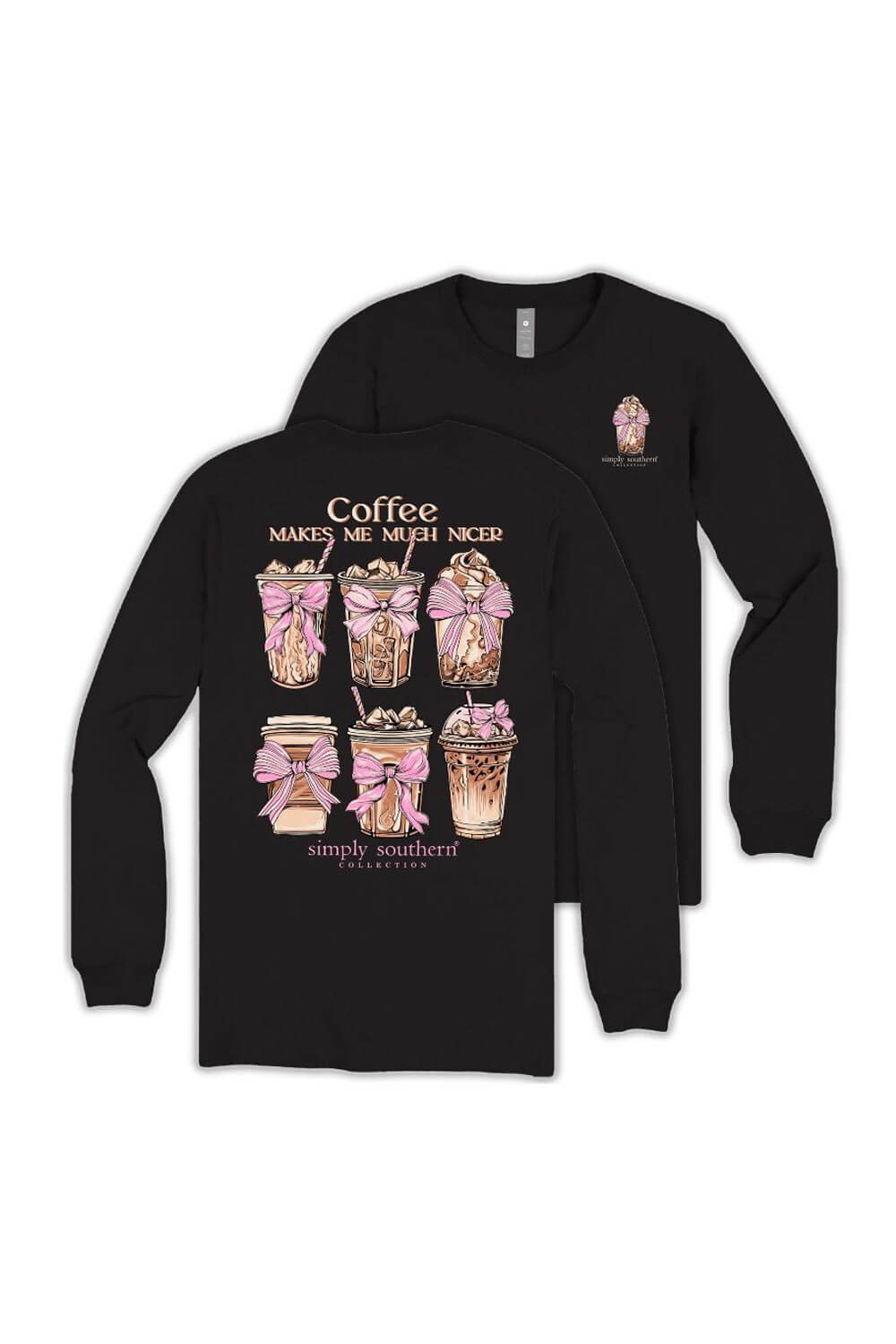 Simply Southern Womens Shirts Coffee Makes Me Much Nicer Long Sleeve T-shirt for Women in Black