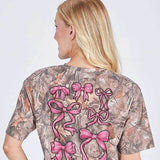 Simply Southern Camo Pink Bow T-Shirt for Women in Brown