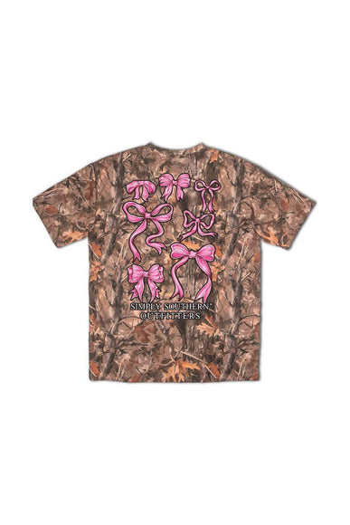 Simply Southern Camo Pink Bow T-Shirt for Women in Brown