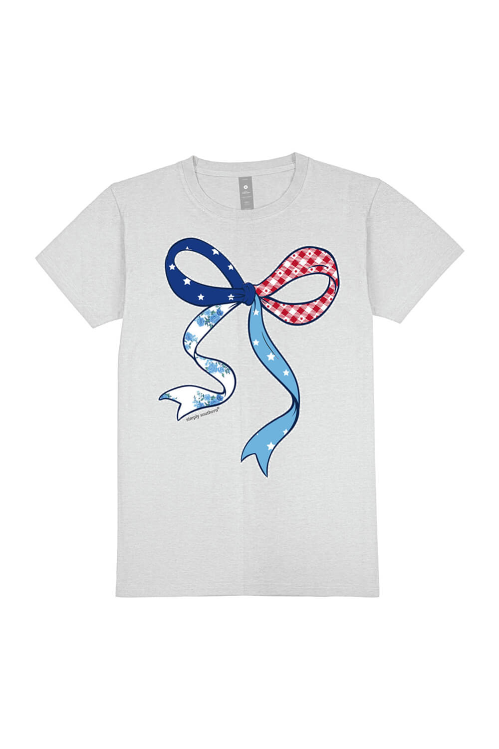Simply Southern Plus Size tshirts Americana Patchwork Bow T-Shirt in Whitewater Grey