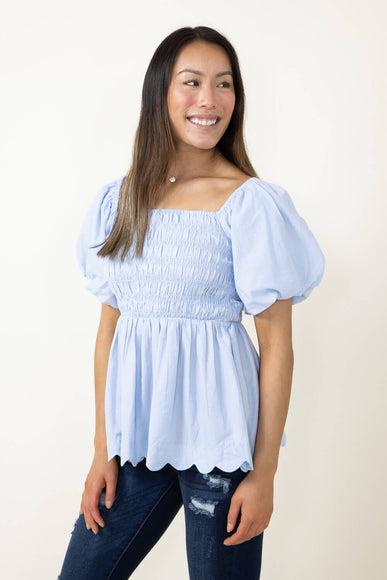 Simply Southern Puff Scallop Top for Women in Sky Blue