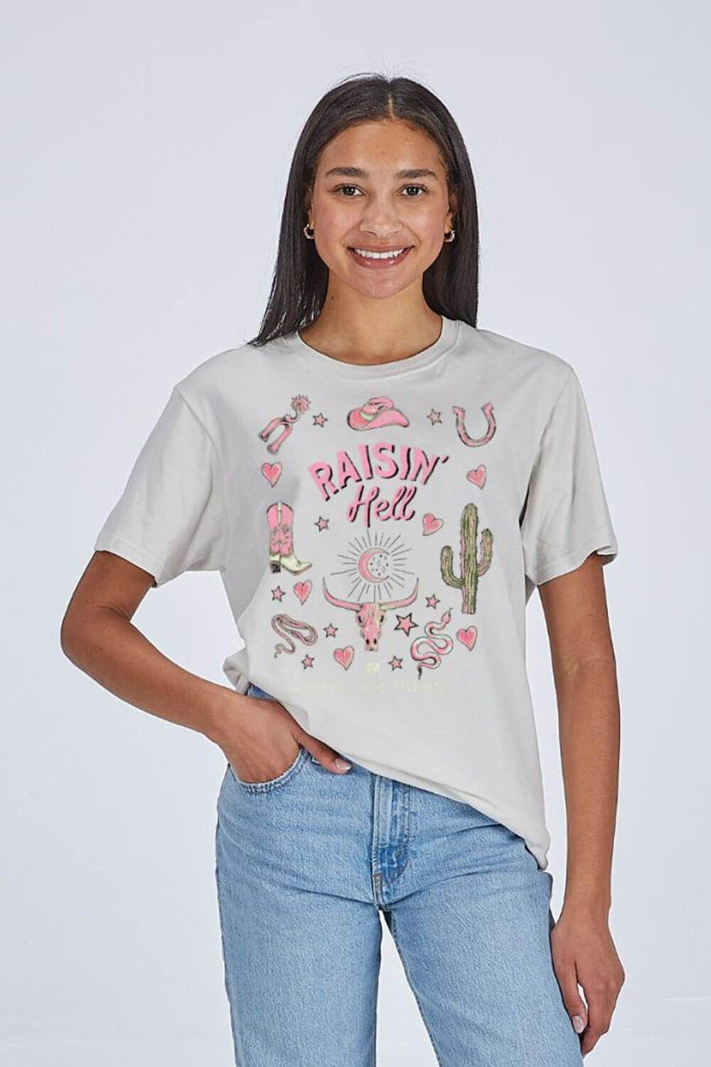 Simply Southern Womens Raisin’ Hell T-Shirt for Women in Washed Grey