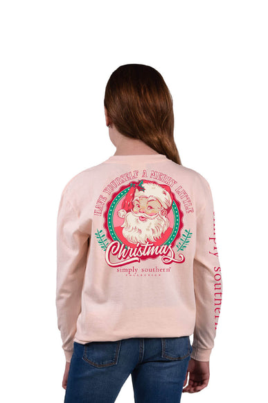 Simply Southern Youth Long Sleeve Retro Santa T-Shirt for Girls in Cream