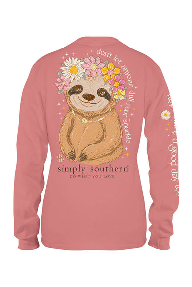 Simply Southern Plus Size Long Sleeve Sloth Sparkle T-Shirt for Women in Rouge