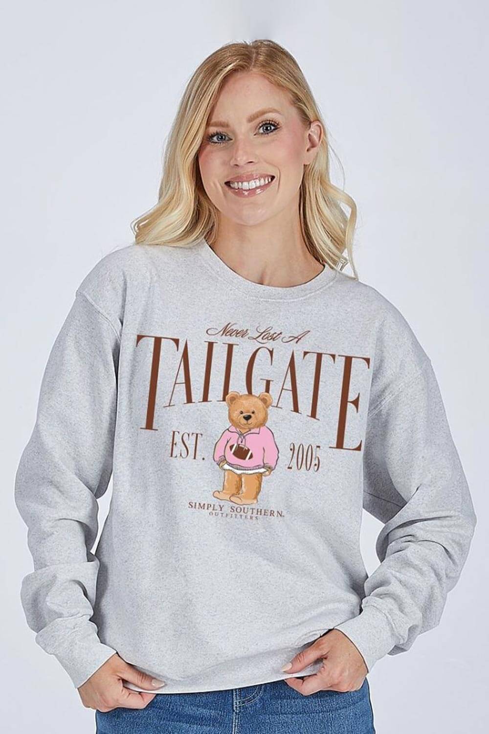 Womens Simply Southern Tailgate Bear Crewneck for Women in Grey