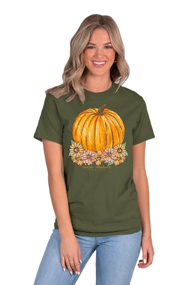Simply Southern Flower Pumpkin T-Shirt for Women in Heather Green