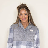 Simply Southern Furry Quarter Pullover Snap for Women in Grey Plaid