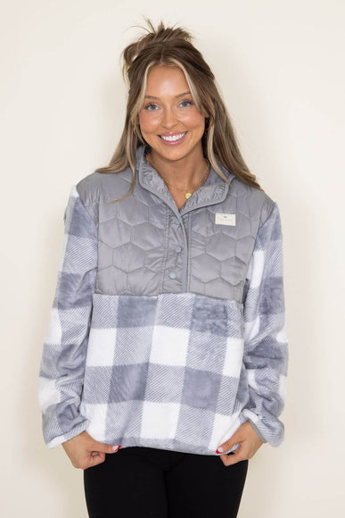 Simply Southern Furry Quarter Pullover Snap for Women in Grey Plaid