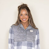 Simply Southern Furry Quarter Pullover Snap for Women in Grey Plaid