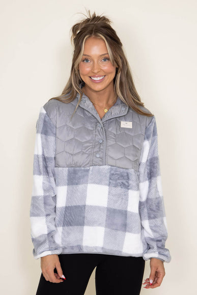Simply Southern Furry Quarter Pullover Snap for Women in Grey Plaid