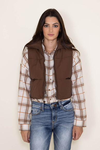 Simply Southern Womens Cropped Puffer Vest for Women in Mocha Brown