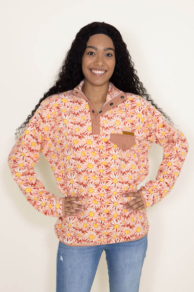 Simply Southern Quarter Snap Fleece Pullover for Women in Orange Flower