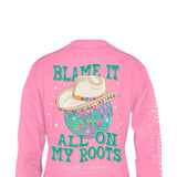 Simply Southern Long Sleeve Blame It On My Roots T-Shirt for Women in Flamingo
