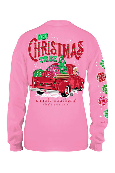 Simply Southern Youth Long Sleeve Oh! Christmas Tree T-Shirt for Girls in Pink