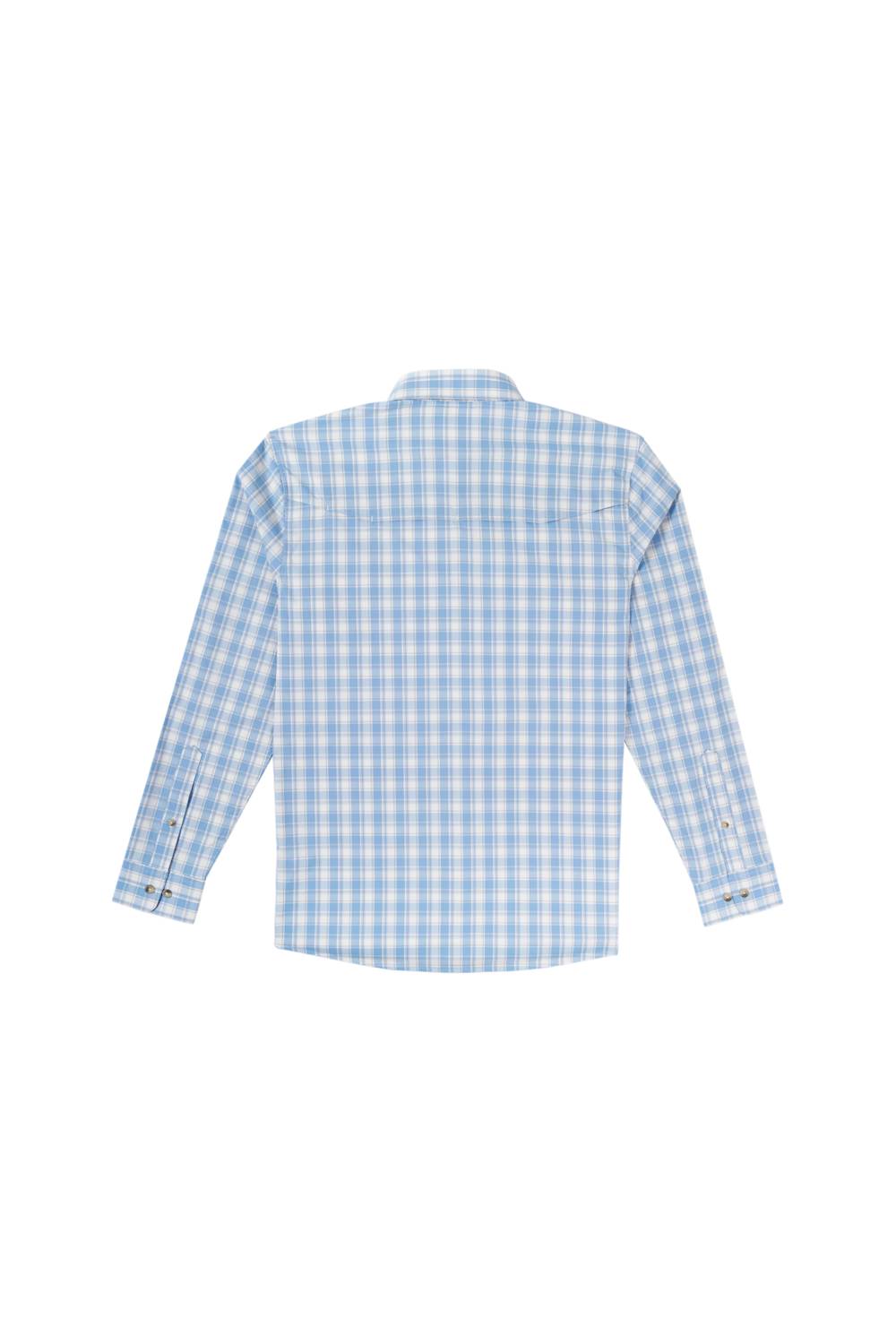 A light blue and white checkered long-sleeve button-down shirt shown from the back, laid flat against a solid white background.