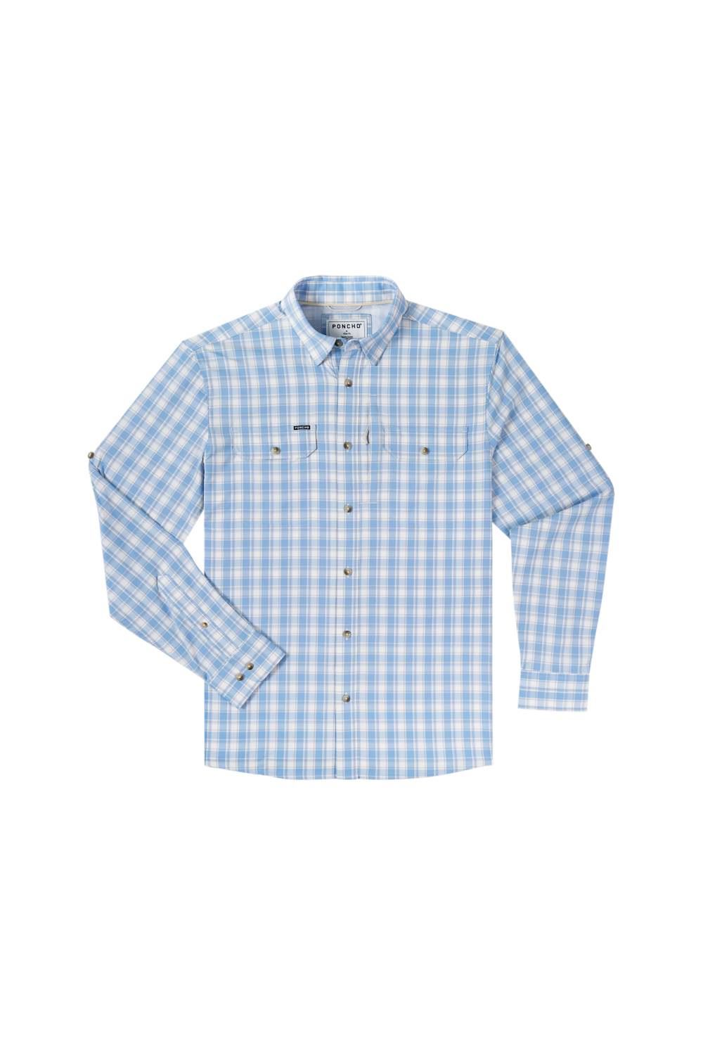 A light blue and white checkered long-sleeve button-up shirt with two chest pockets, displayed flat against a solid white background.