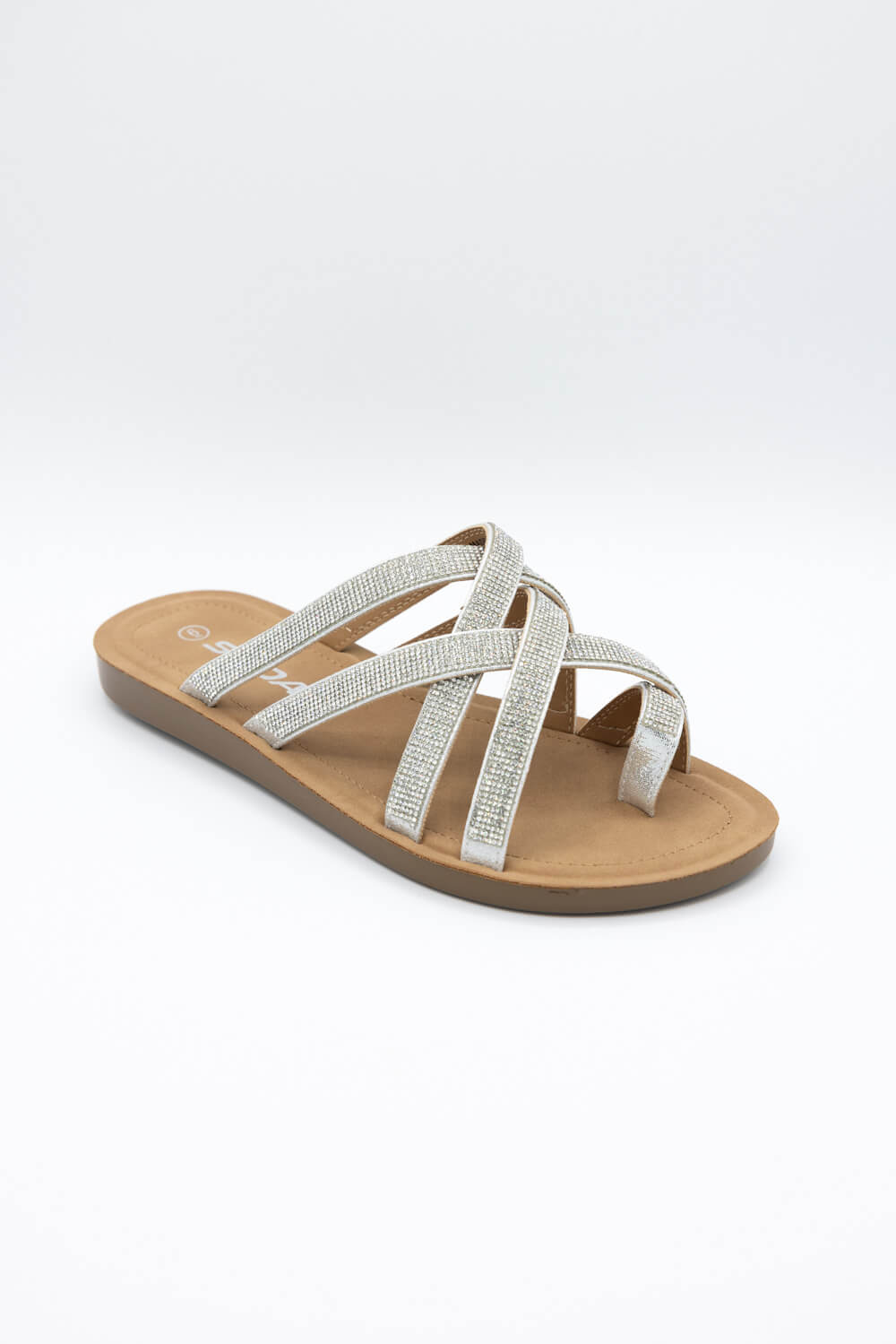 Soda Step Up Strappy Rhinestone Slides for Women in Silver