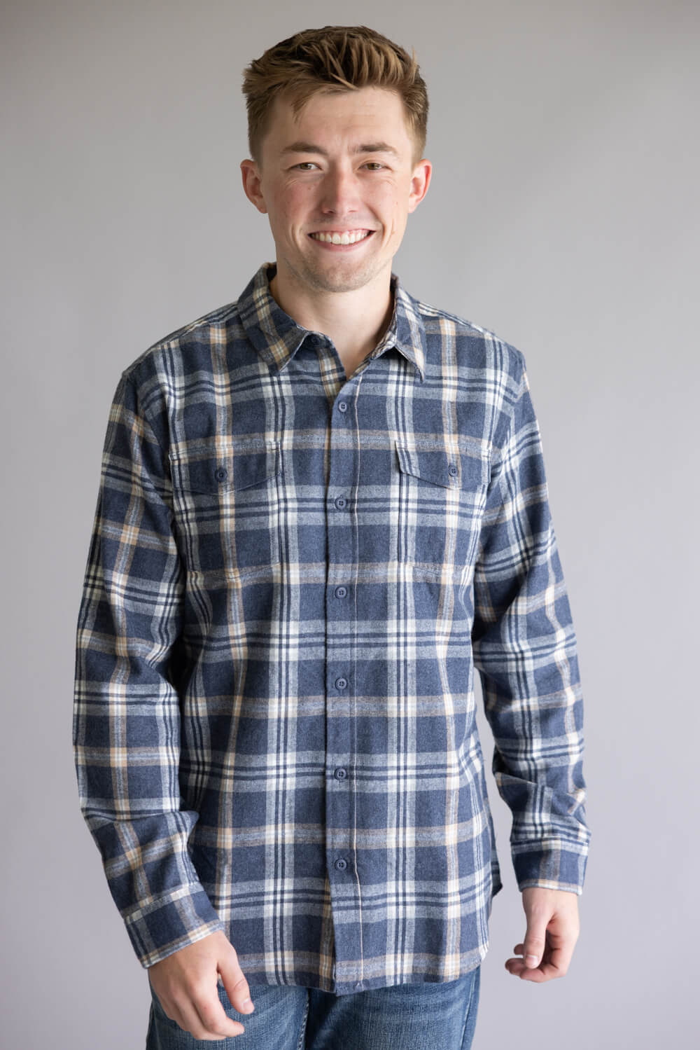 Plaid Flannel Shirt for Men in Washed Denim