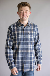 Plaid Flannel Shirt for Men in Washed Denim