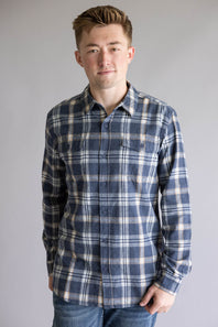 Plaid Flannel Shirt for Men in Washed Denim