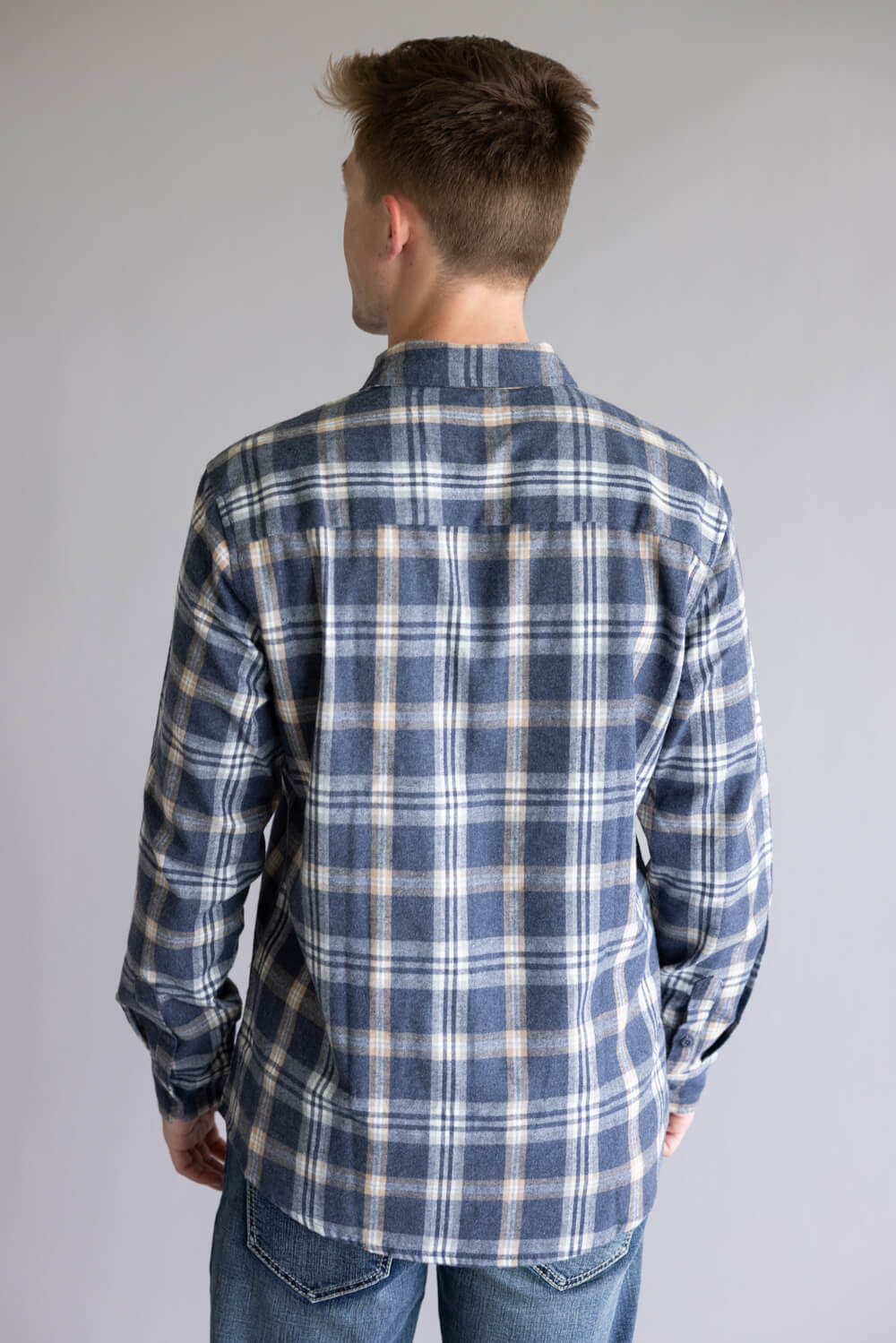 Plaid Flannel Shirt for Men in Washed Denim