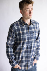 Plaid Flannel Shirt for Men in Washed Denim