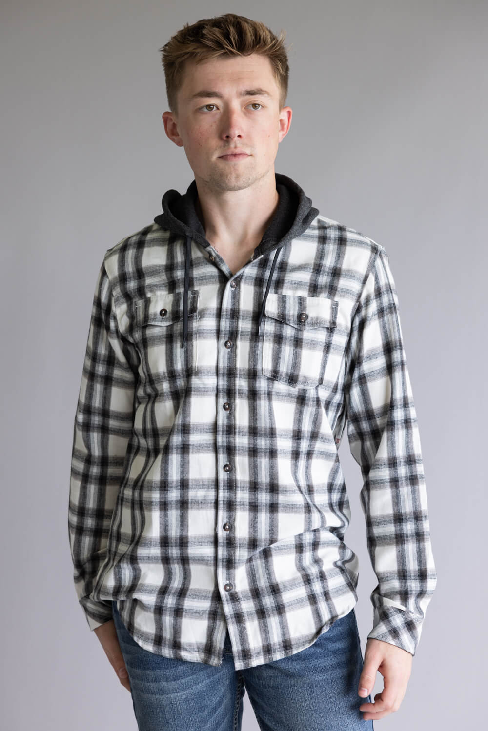 Hooded Plaid Flannel for Men in Ivory Black