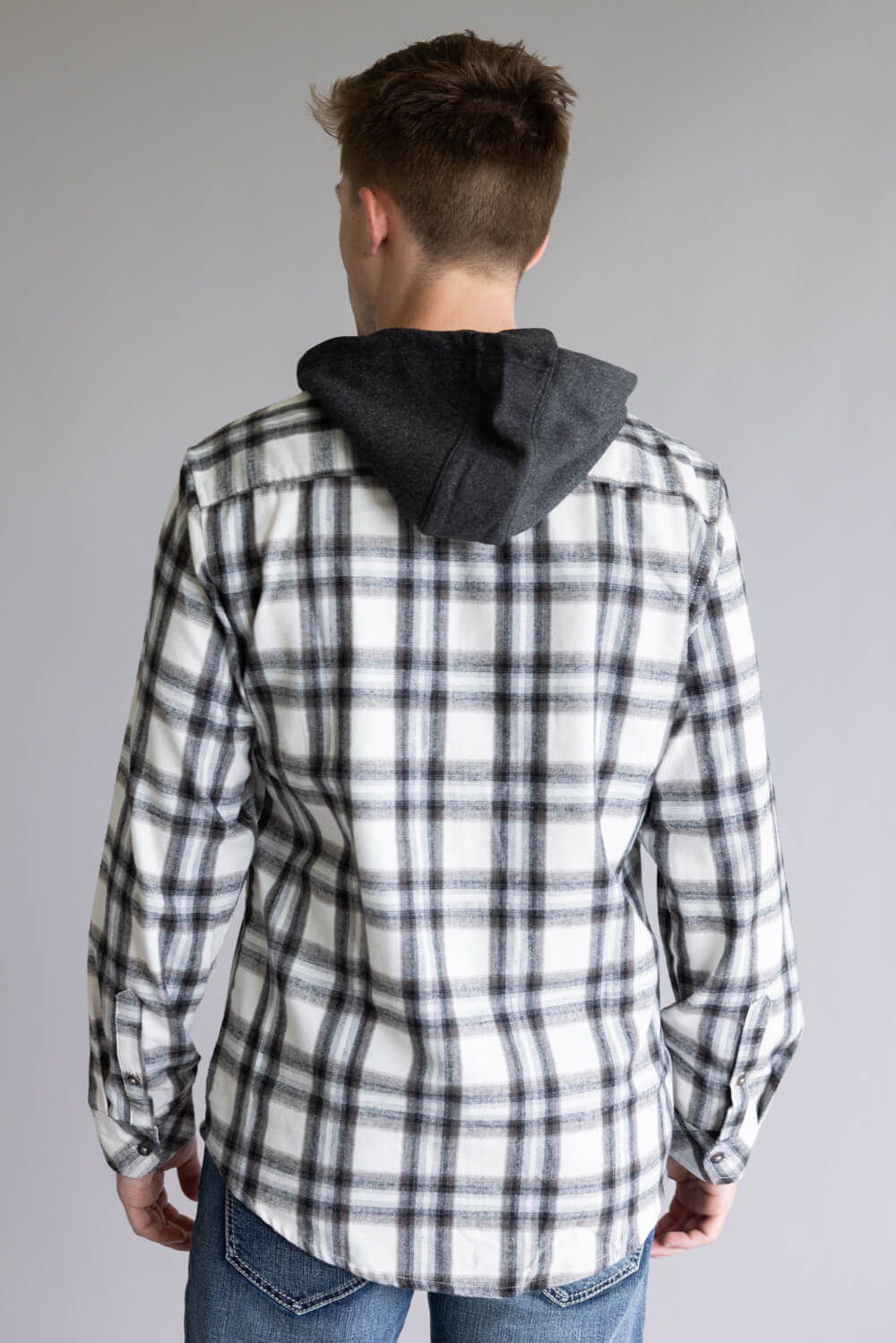 Hooded Plaid Flannel for Men in Ivory Black