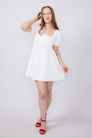 Square Neck Puff Short Sleeve Dress for Women in White