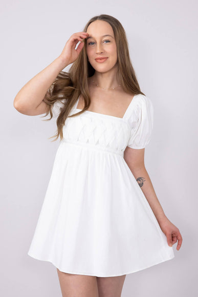 Square Neck Puff Short Sleeve Dress for Women in White