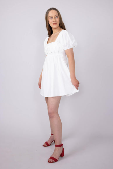Square Neck Puff Short Sleeve Dress for Women in White