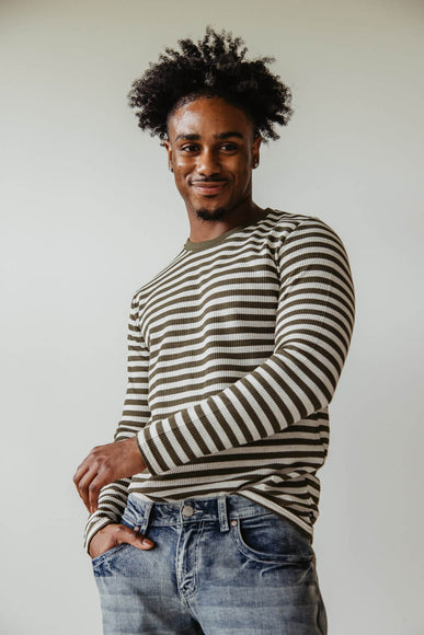 Stripe Thermal Crew Long Sleeve Shirt for Men in Ivory/Green