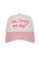 A baseball cap with a cream-colored crown and pink and white striped brim, featuring the pink embroidered text 'Can I bring my dog?' on the front.