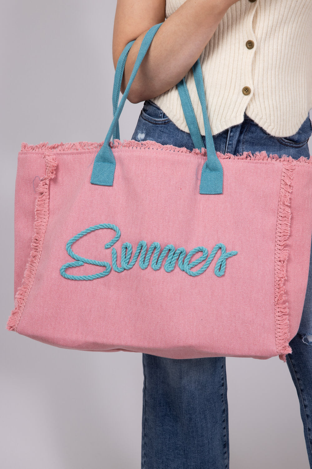 Summer Rope Canvas Tote Bag in Pink
