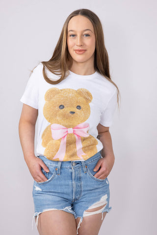 Teddy Bear Bow Graphic T-Shirt for Women in White