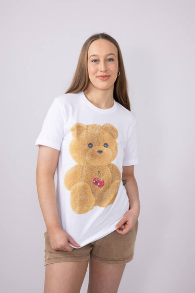 Teddy Bear Cherry Graphic T-Shirt for Women in White