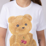 Teddy Bear Cherry Graphic T-Shirt for Women in White