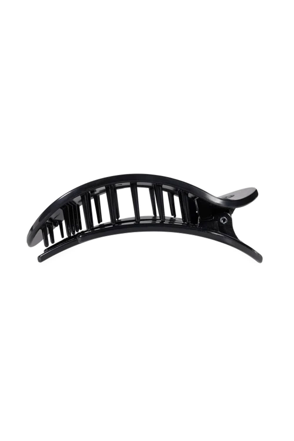 A black plastic claw hair clip shown from a side profile view against a solid white background.