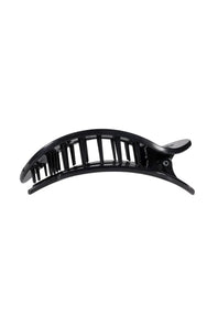 A black plastic claw hair clip shown from a side profile view against a solid white background.