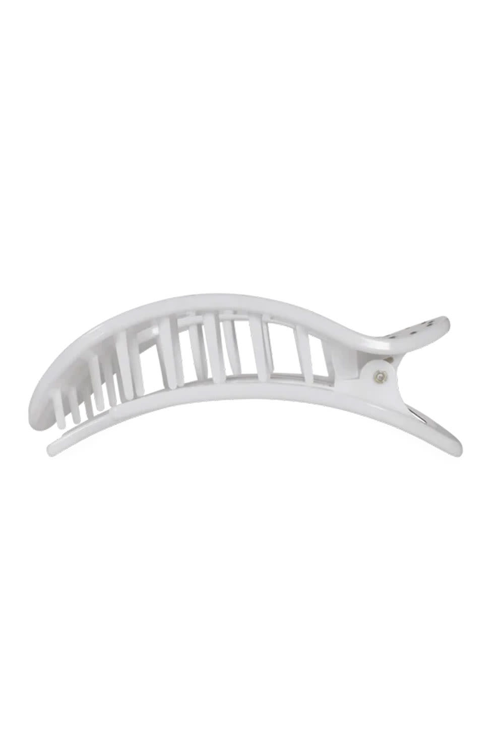 A white plastic claw hair clip with a curved design and open slatted teeth, shown against a plain white background.