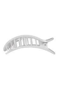 A white plastic claw hair clip with a curved design and open slatted teeth, shown against a plain white background.