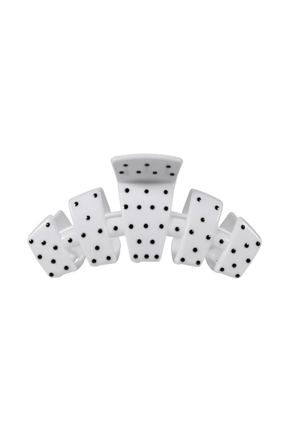 A white claw-style hair clip featuring black printed dots on a clean white background.