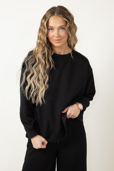 Textured Crew Sweatshirt for Women in Black