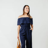 Textured Off the Shoulders Cropped Jumpsuit for Women in Blue