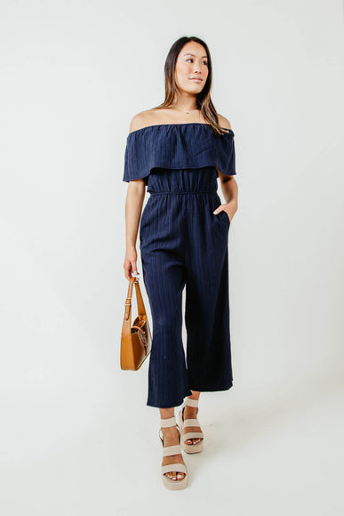 Textured Off the Shoulders Cropped Jumpsuit for Women in Blue