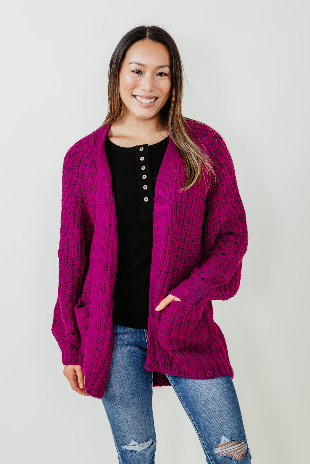Comfy Textured Knit Sweater Cardigan for Women in Berry Purple | 12W27 –  Glik\'s