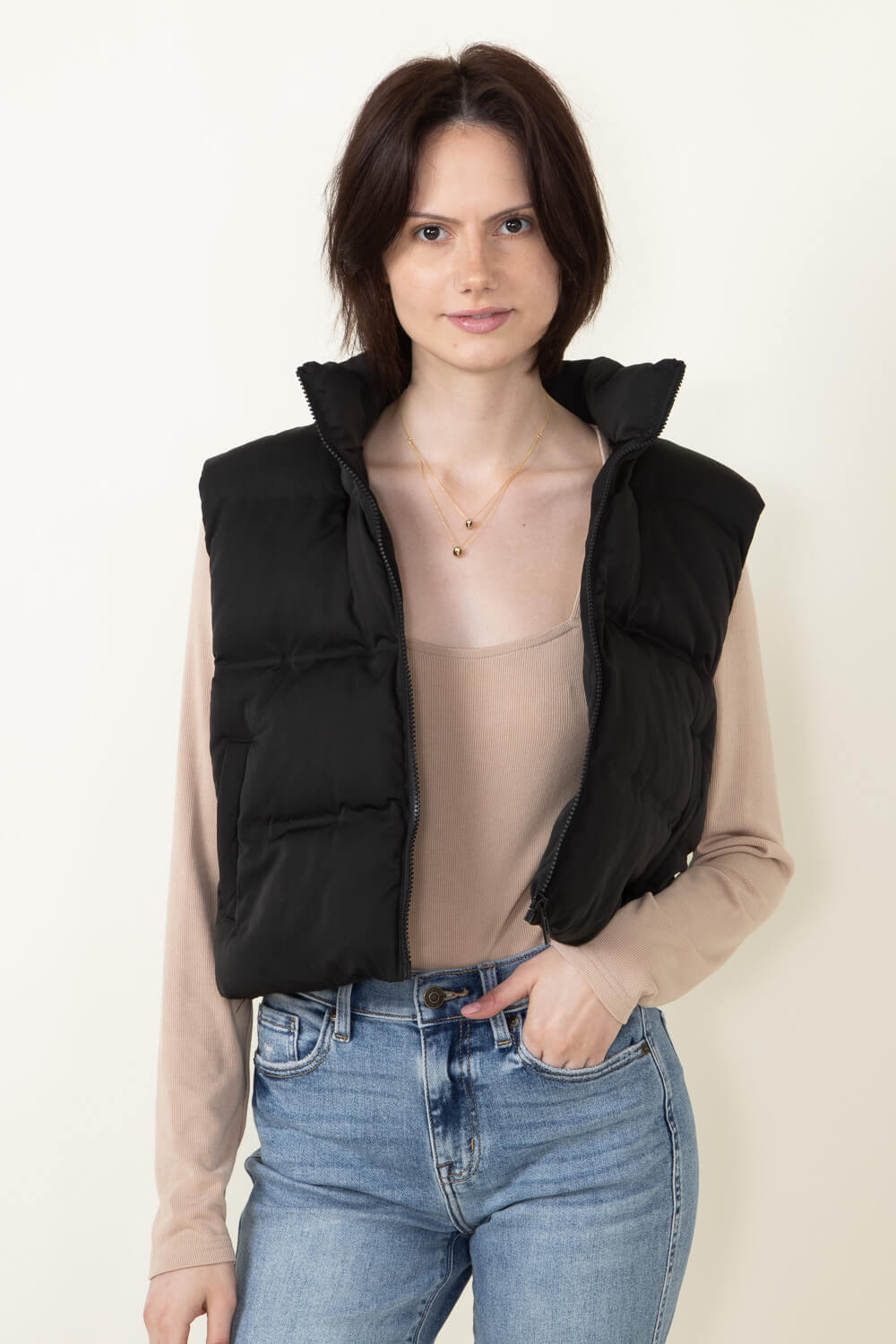 Thread & Supply Issey Cropped Puffer Vest for Women in Black 
