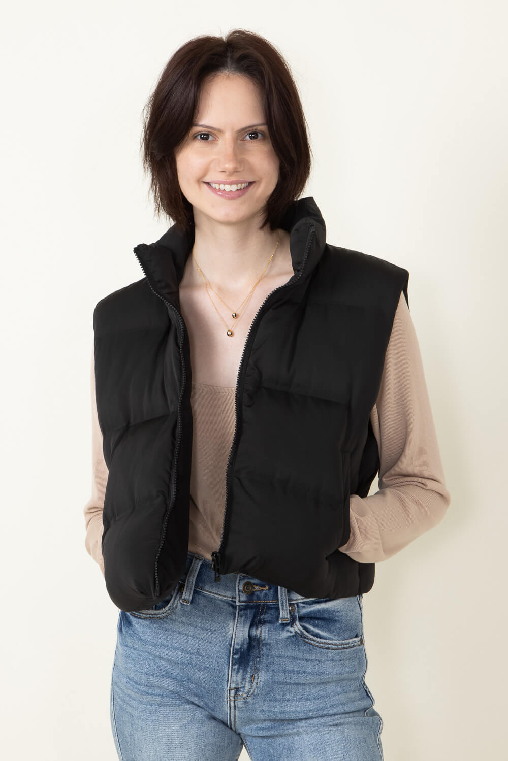 Thread & Supply Issey Cropped Puffer Vest for Women in Black 