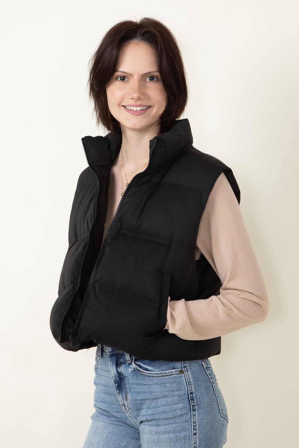 Thread & Supply Issey Cropped Puffer Vest for Women in Black 